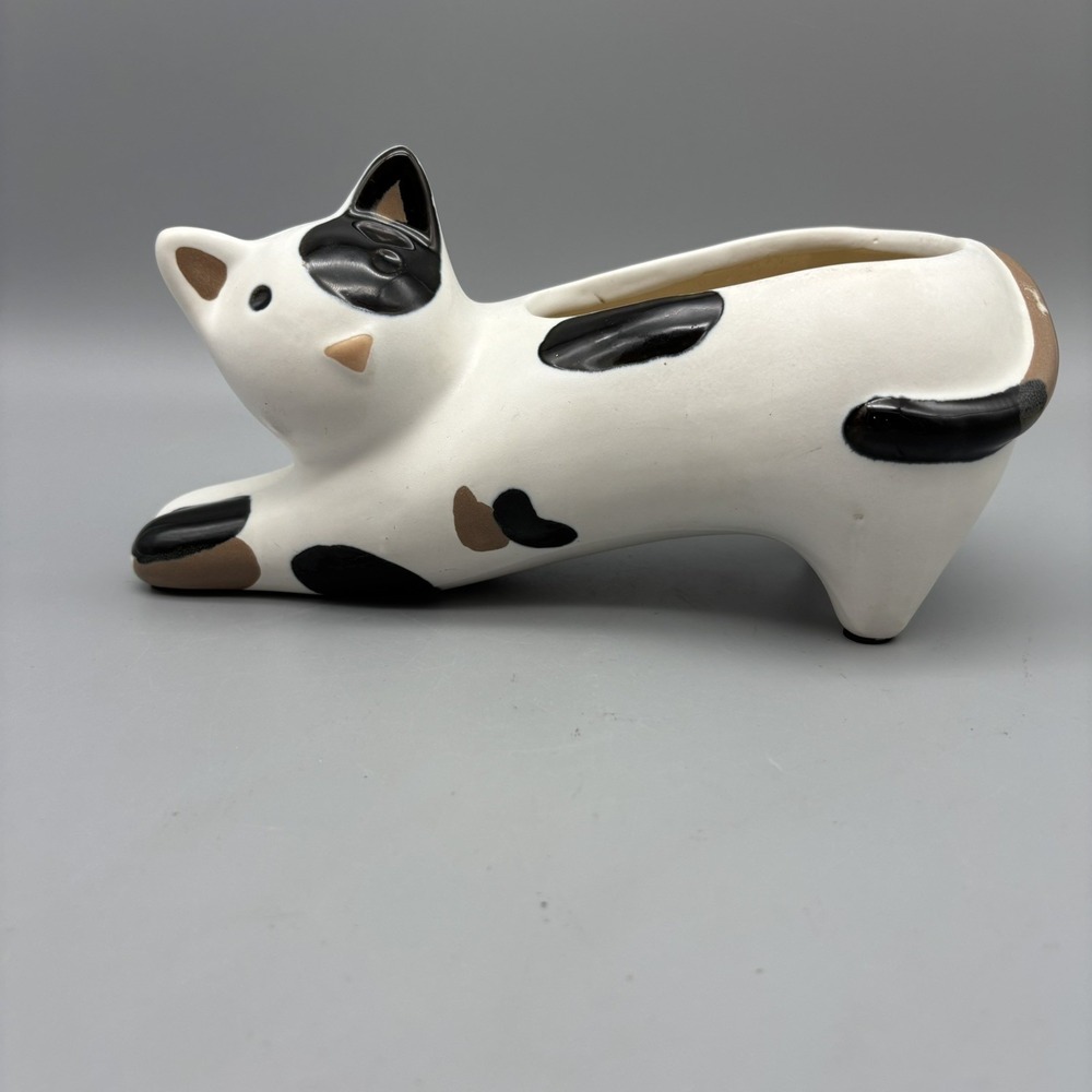 Ceramic Cat Shaped Planter - Calico Pattern White, Black, & Gold‎ Spots